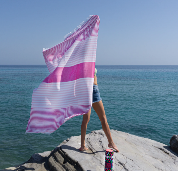 towel to go groen hammamdoek roze